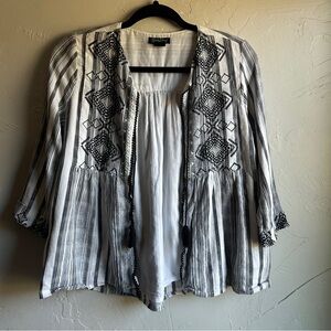 Lucky Brand Black and White Embroidered Tie‎ Front Boho Cardigan Size XS